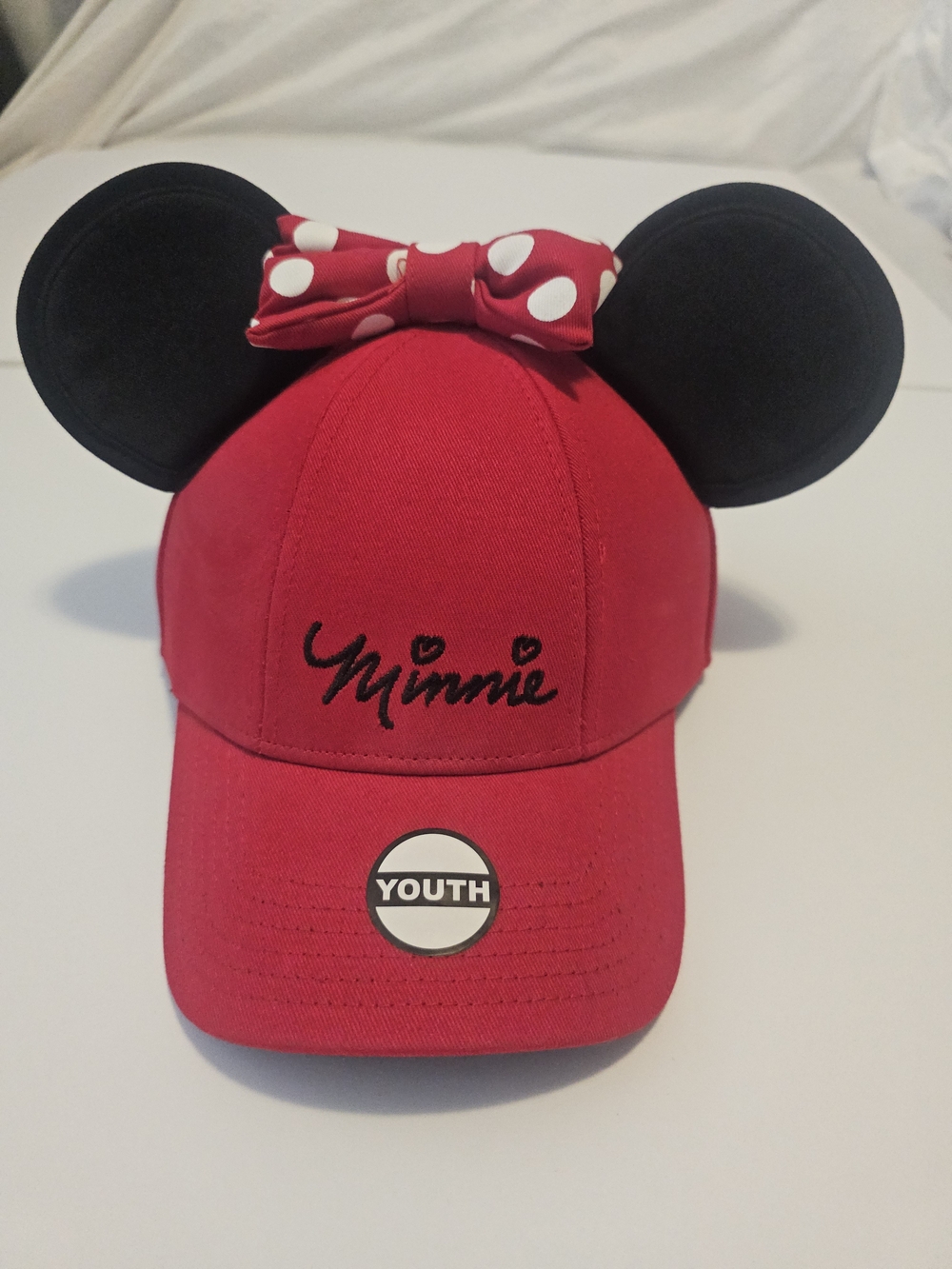 Disney Minnie Mouse Ear Ball Cap with Black Ears Polka-Dot Bow Sz Youth New